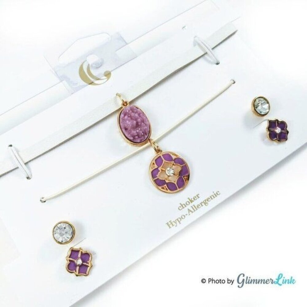 NWT Charming Charlie Lavender Floral Faux Druzy Leather Choker & Earrings Set